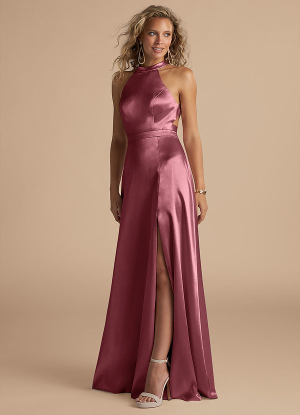 Azazie Clarice Bridesmaid Dresses Desert Rose A-Line High Neck Metallic Satin Dress image1