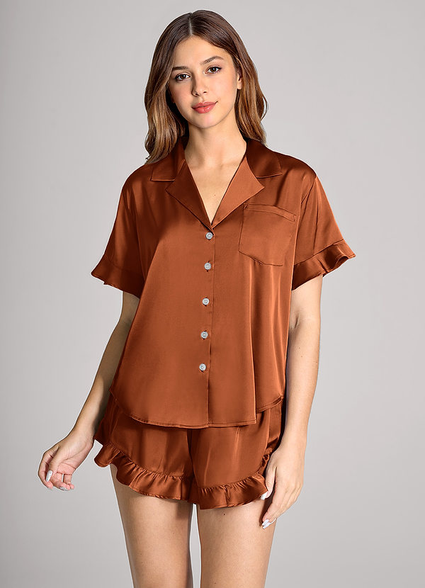 front Matching Color Ruffled Short Sleeve Pajama Set