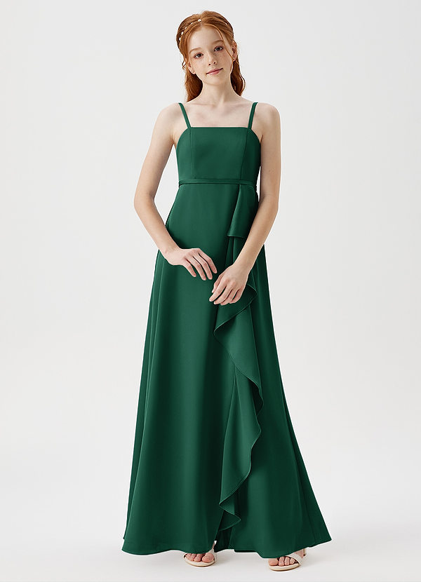 Azazie Kaylee Junior Robe Trapèze en Satin extensible avec ceinture Vert Foncé image1