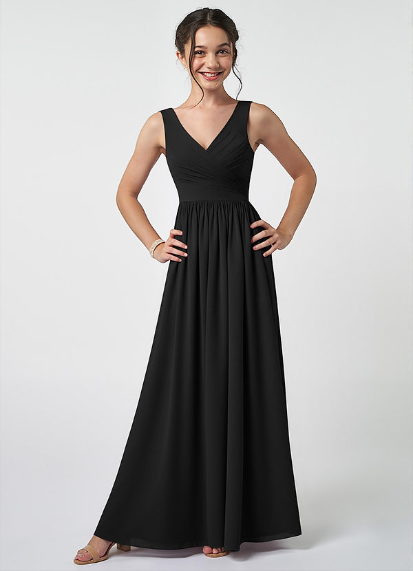 Azazie Keyla Junior Black A-Line Pleated Chiffon Dress image1
