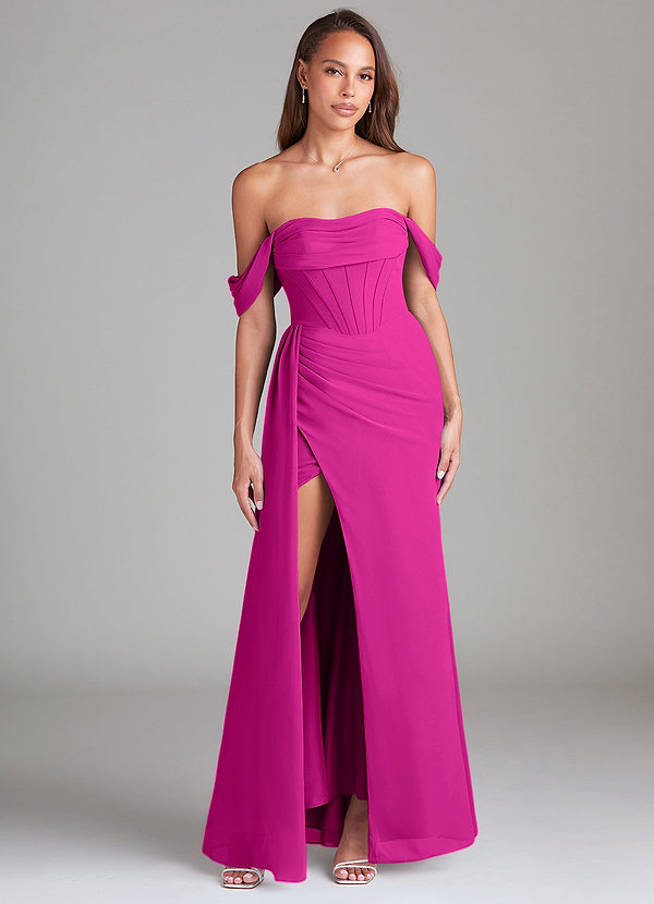 Azazie Amyra Bridesmaid Dresses Fuchsia Sheath Off the Shoulder Chiffon Convertible Dress image1