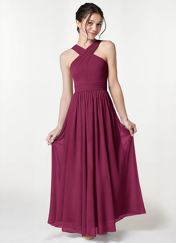 Azazie Jiya Junior Mulberry A-Line Pleated Mesh Dress image1
