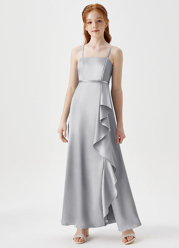 Azazie Kaylee Junior Silver A-Line with Belt Metallic Satin Dress image1
