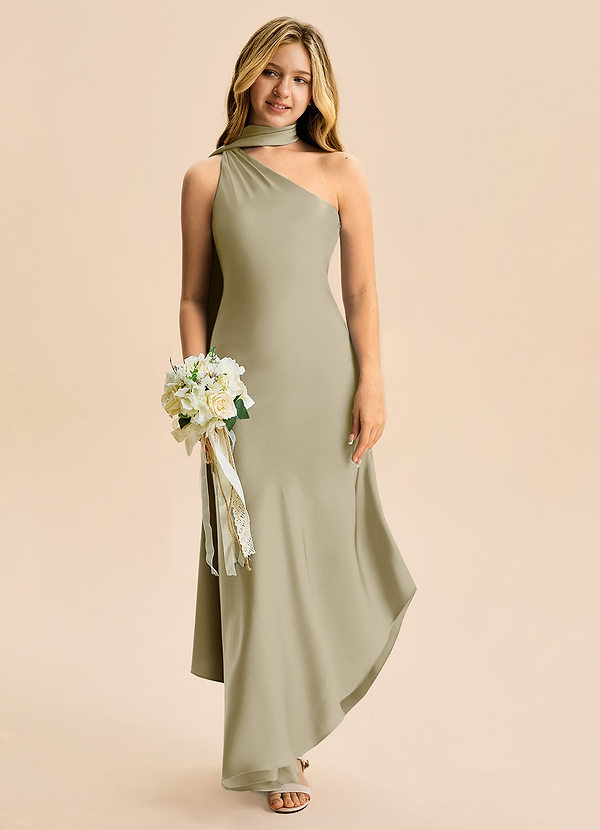 Azazie Briony Junior Etui Plissee Stretch-Satin Kleid Moosgrün image1