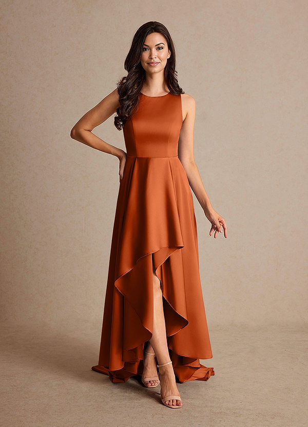 Azazie Niles Mother of the Bride Dresses Vestido Laranja Queimada de Cetim elástico de Linha A com Trens image1