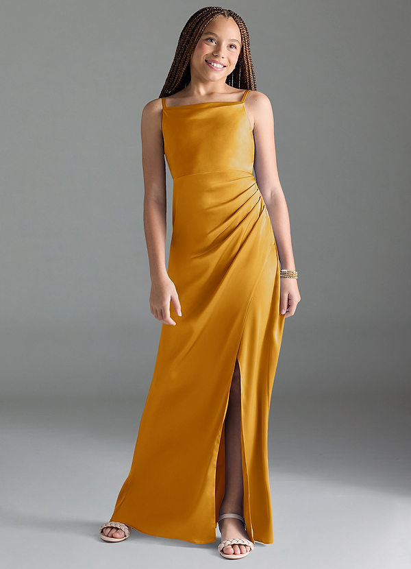 Azazie Leonis Junior Butterscotch A-Line Pleated Stretch Satin Dress image1