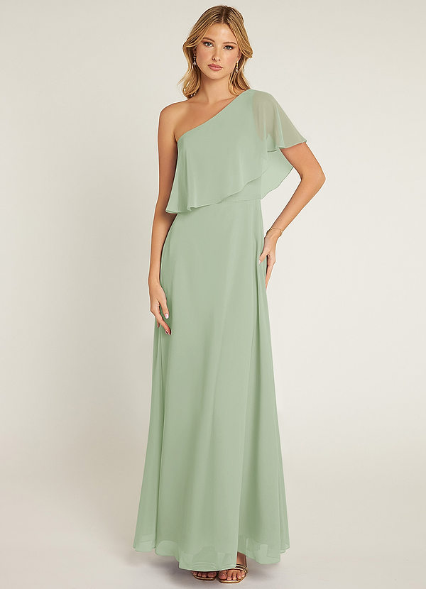 Azazie Lizzy Vestidos Dama de Honor Vestido de Salvia Polvorienta de Gasa de Corte en A con Hombro unilateral image1