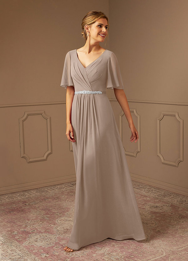 Azazie Tricia Taupe A-Line V-Neck Pleated Chiffon Dress | Azazie CA