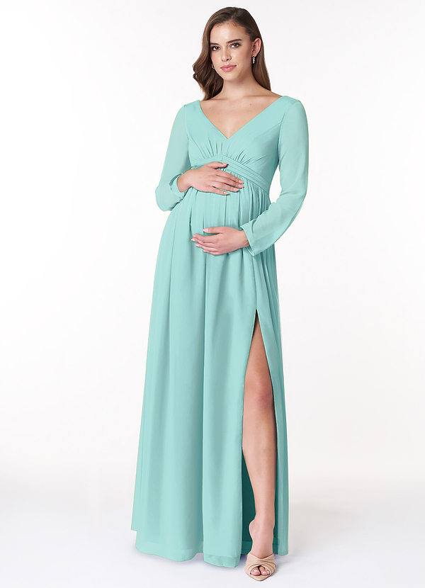 Azazie Teton Brautjungfernkleider für Schwangere A-Linie Langarm Chiffon Bodenlänge Kleid image1