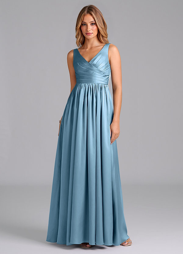 Azazie Keyla Bridesmaid Dresses Steel Blue A-Line Pleated Stretch Satin Dress image1