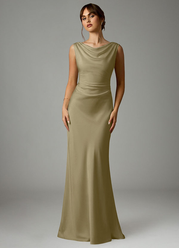 Azazie Kieryn Bridesmaid Dresses Moss Green Mermaid Pleated Stretch Satin Dress image1