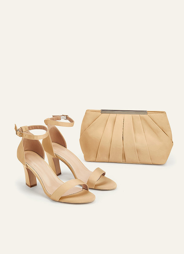 front Matching Color Stretch Satin Chunky Heel Sandals & Pleated Clutch Set