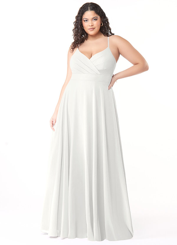 Azazie Avelina Robes de demoiselle d'honneur Robe Trapèze en Mousseline de soie Col V plissé Blanc image1