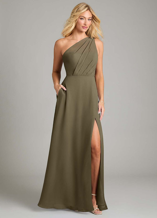 Azazie Phaedra Bridesmaid Dresses Willow Green A-Line One Shoulder Chiffon Dress image1