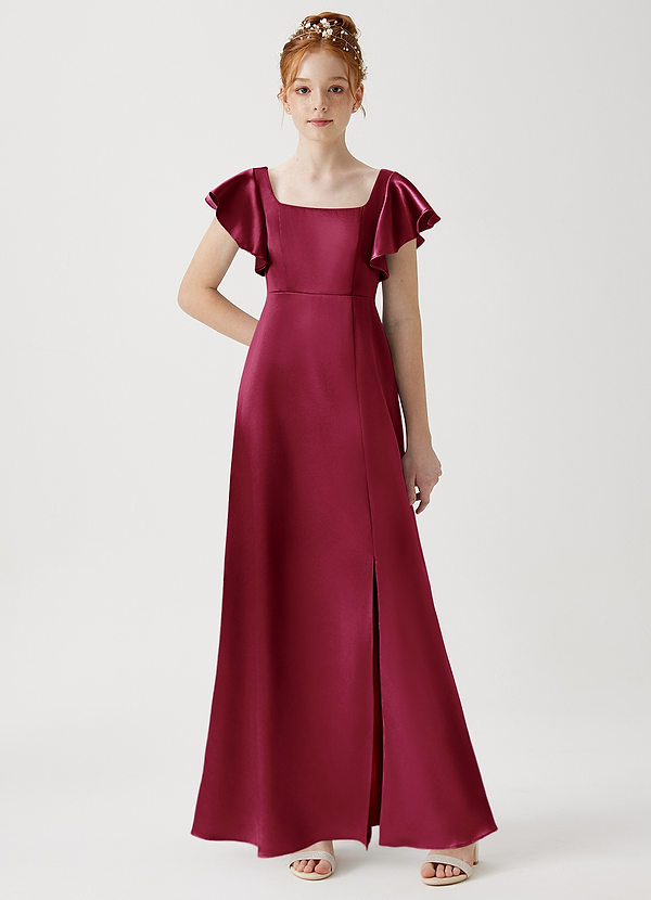 Azazie Bondi Junior Burgundy A-Line Side Slit Metallic Satin Dress image1