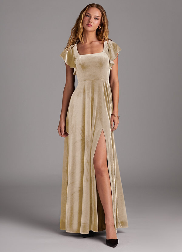 Azazie Bondi Bridesmaid Dresses Champagne A-Line Side Slit Velvet Dress image1