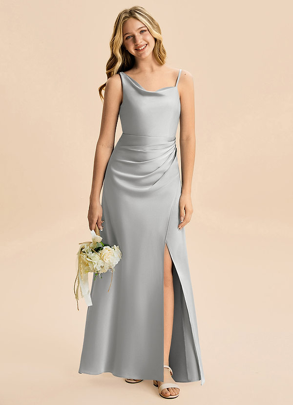 Azazie Abby Junior Silver A-Line Pleated Stretch Satin Dress image1
