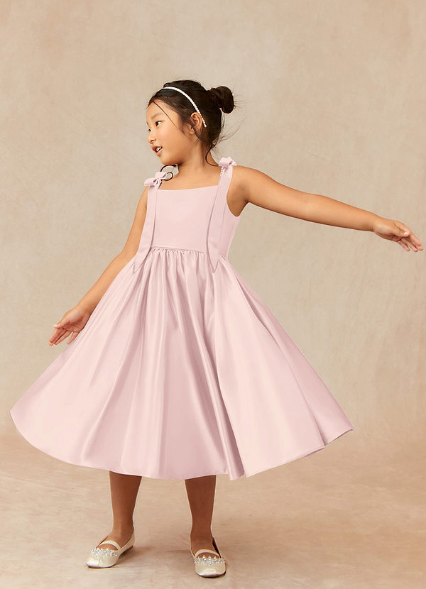 Azazie Chelsie Flower Girl Dresses Blushing Pink A-Line Bow Matte Satin Dress image1