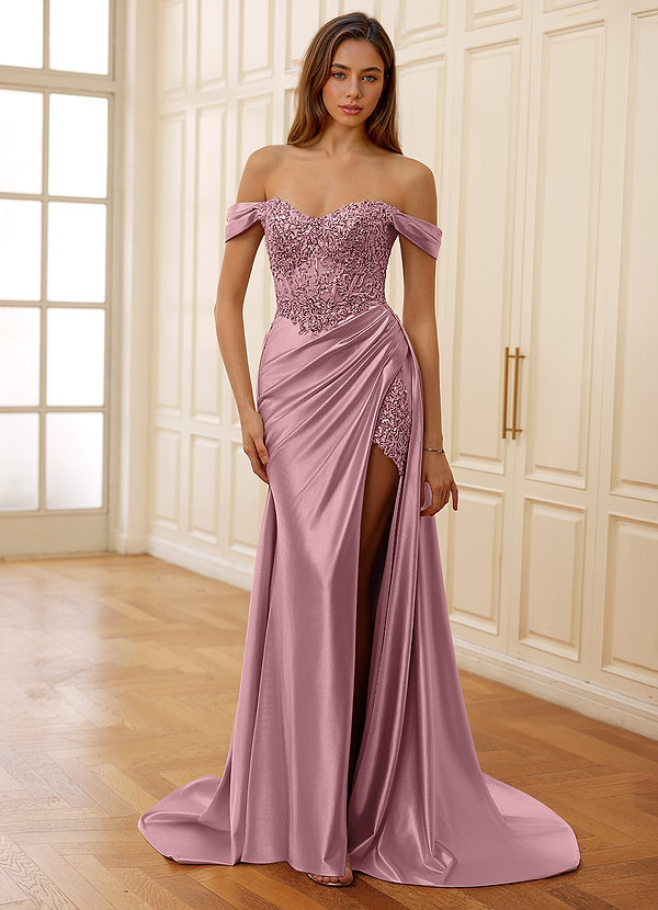 Rowane Dusty Pink Corset Rhinestone Sheer Lace Prom Dress image1