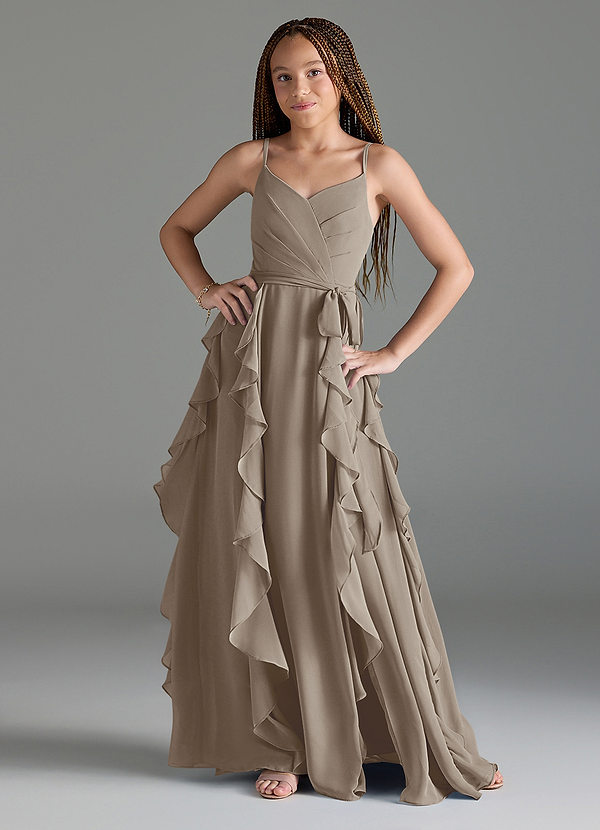 Azazie Peyton Junior Taupe A-Line V-Neck Cascading Ruffles Chiffon Dress image1