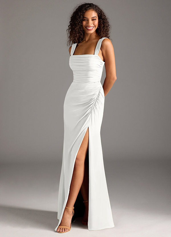 Azazie Jesaphine Bridesmaid Dresses White Sheath Bow Chiffon Dress image1