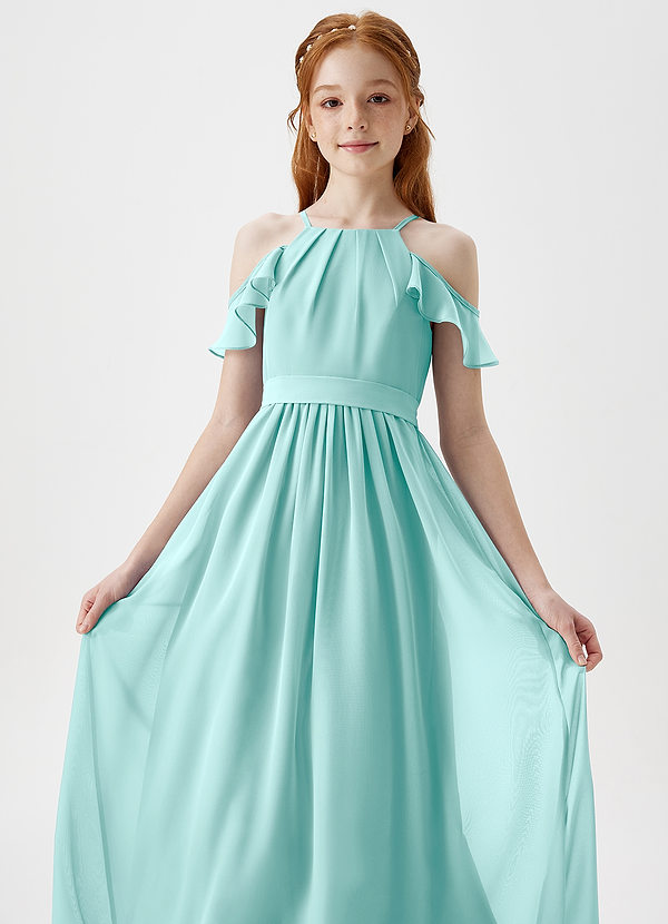 Azazie Chaya Junior Aqua A-Line Off the Shoulder Chiffon Dress image1