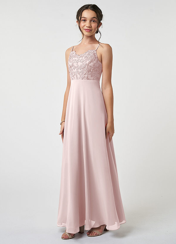 Azazie Sonya Junior Robe Trapèze en Mousseline de soie Dentelle Rose Pâle image1
