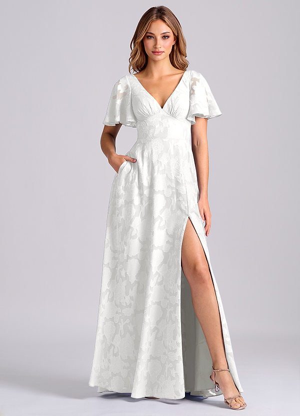 Azazie Kimber Bridesmaid Dresses White A-Line with Pockets Floral Burnout Dress image1