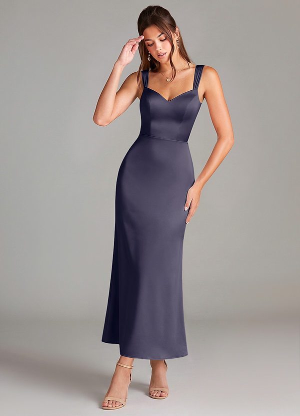 Azazie Denice 신부 들러리 드레스 쉬스 주름진 스트레치 새틴 발목 길이 드레스 image1