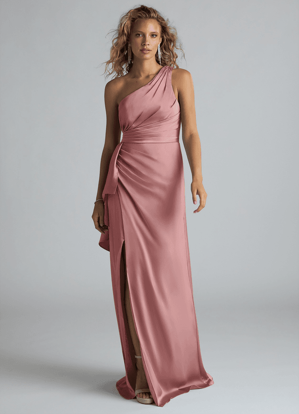 Azazie Maive Robes Demoiselle d'honneur Robe Fourreau en Satin extensible Rayé Rose Poussiéreuse image1