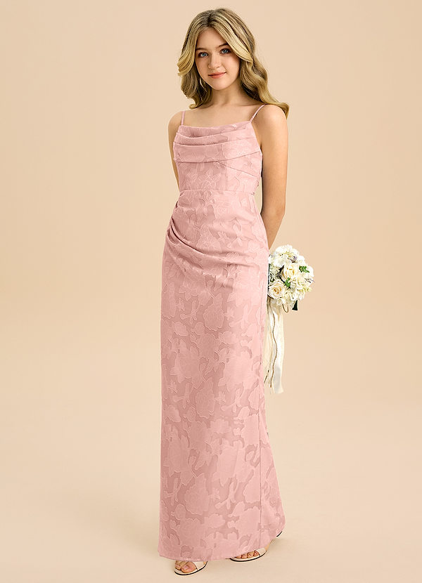 Azazie Mai Junior Powder Pink Sheath Pleated Floral Burnout Dress image1