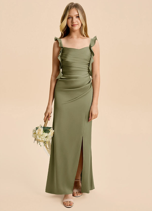 Azazie Jessamine Junior Pistachio A-Line Ruched Stretch Satin Dress image1