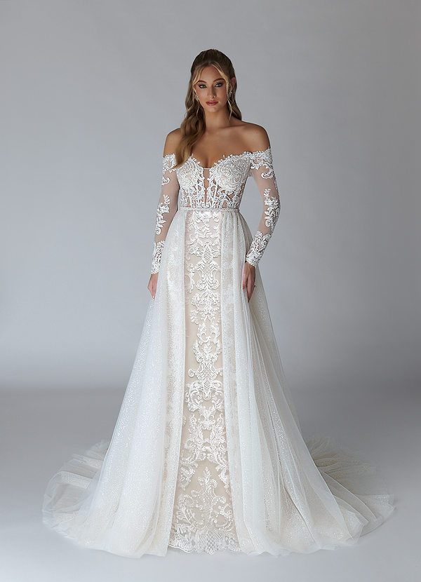 Azazie Solaris Wedding Dresses Diamond White Sand A-Line V-Neck Sequins Tulle Dress image1