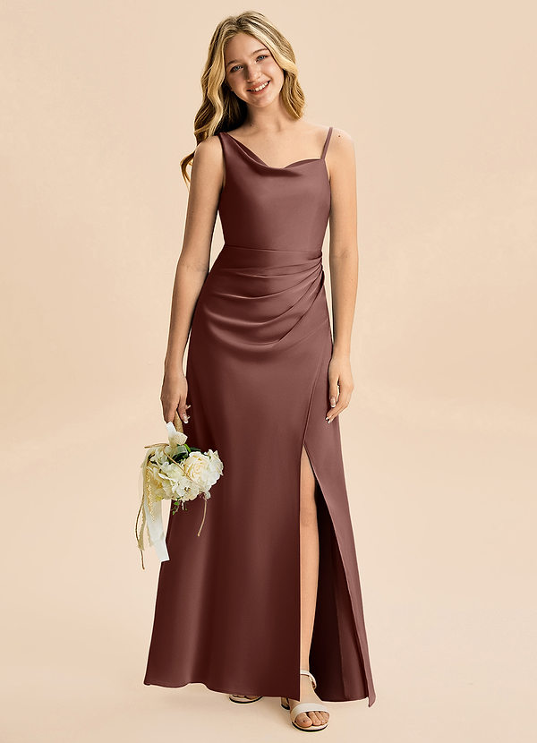 Azazie Abby Junior Robe Fourreau en Satin extensible Plissé Expresso image1