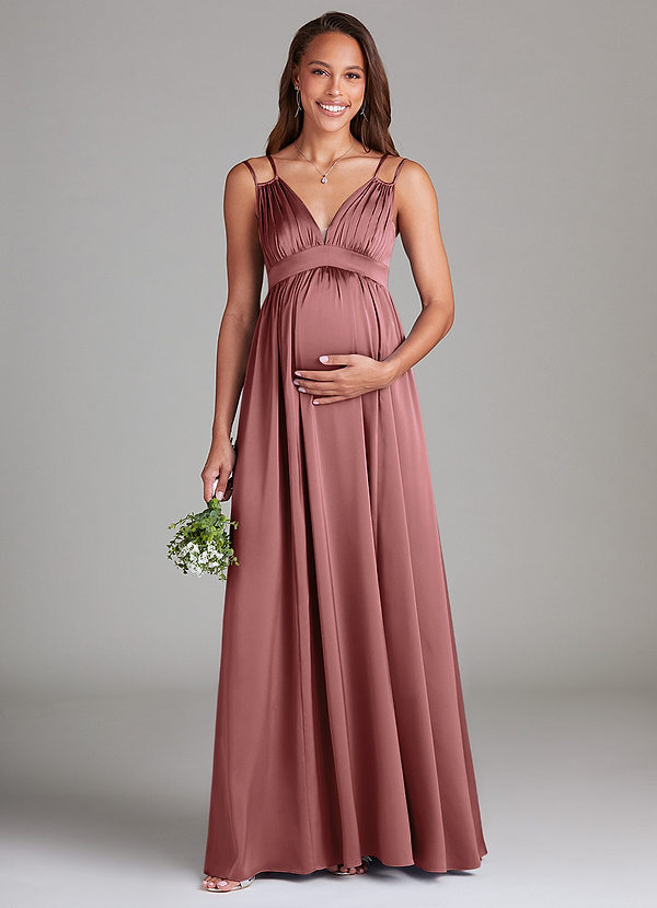 Azazie Emree Vestidos de dama de honor de maternidad Vestido de Corte En A Con bolsillos Hasta el suelo Satén Elástico image1