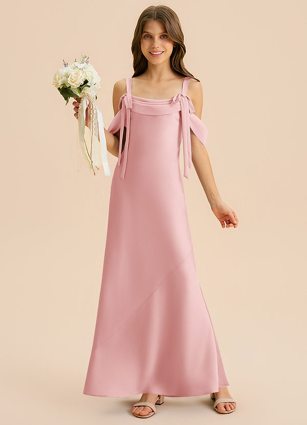 Azazie Bellalina Junior Powder Pink Mermaid Pleated Stretch Satin Dress image1