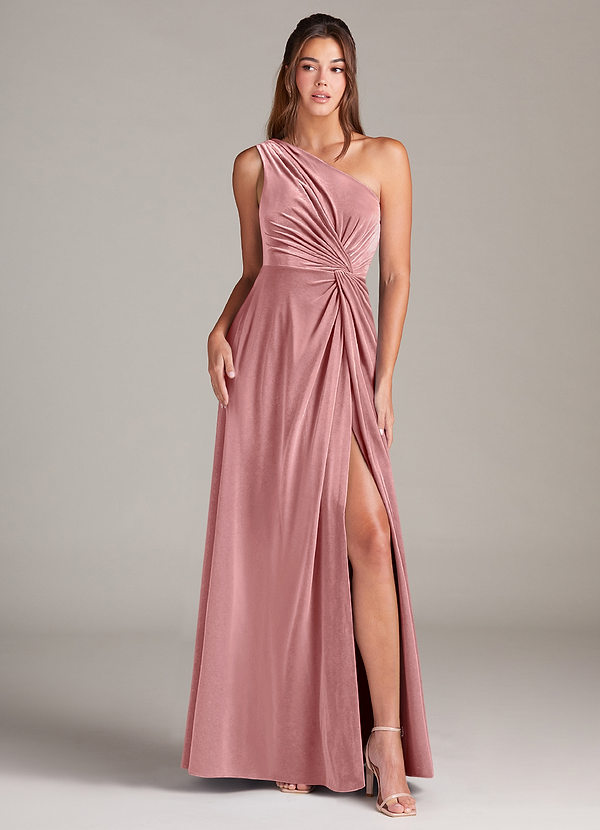 Azazie Brooke Bridesmaid Dresses Dusty Rose A-Line One Shoulder Velvet Dress image1