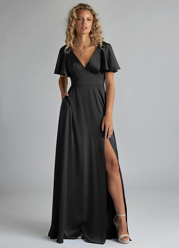 Azazie Kimber Bridesmaid Dresses Black A-Line Ruched Stretch Satin Dress image1