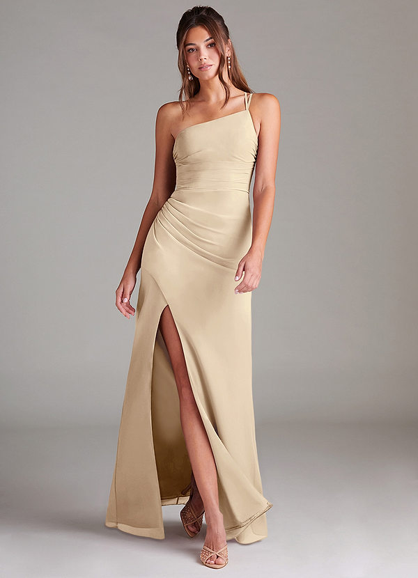 Azazie Eren Bridesmaid Dresses Champagne Sheath One Shoulder Chiffon Dress image1