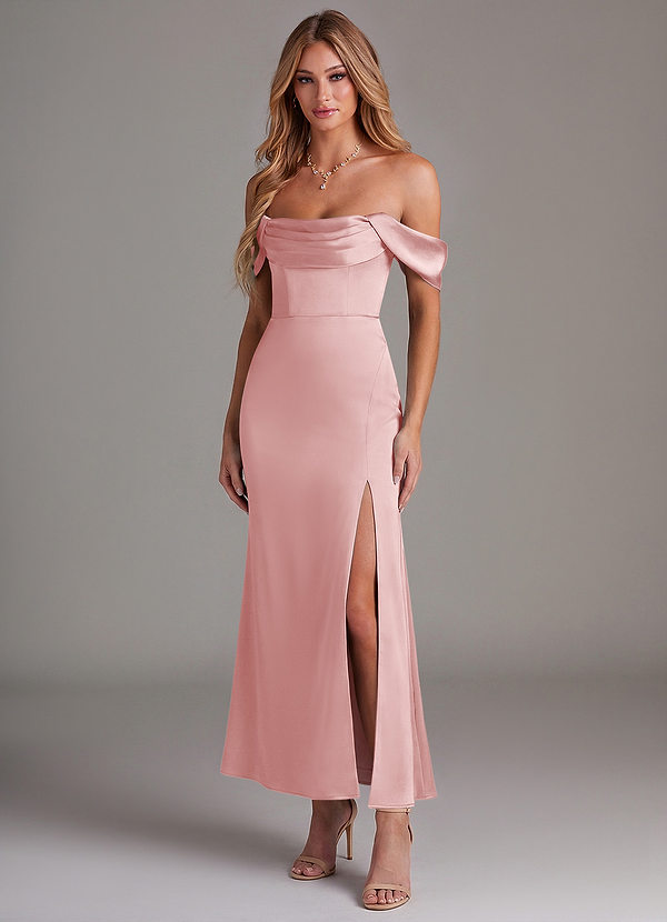 Azazie Saige Bridesmaid Dresses Powder Pink Mermaid Off the Shoulder Stretch Satin Dress image1