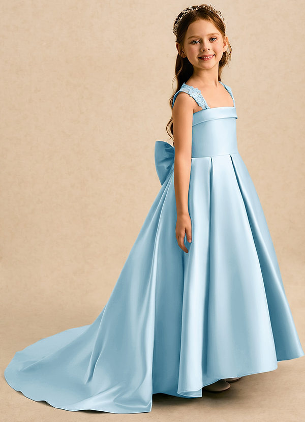 Azazie Genie Flower Girl Dresses Sky Blue Ball-Gown Off the Shoulder Matte Satin Dress image1