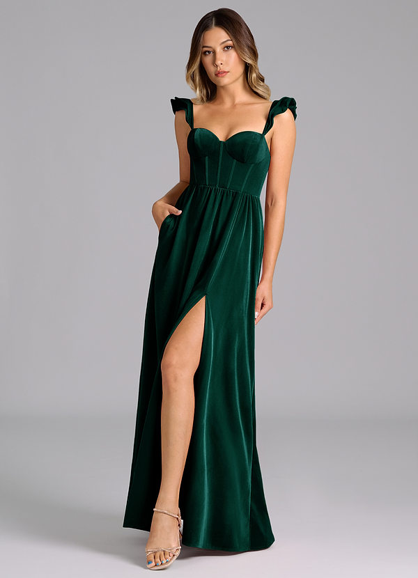 Azazie Denisse Bridesmaid Dresses Emerald A-Line Ruched Velvet Dress image1