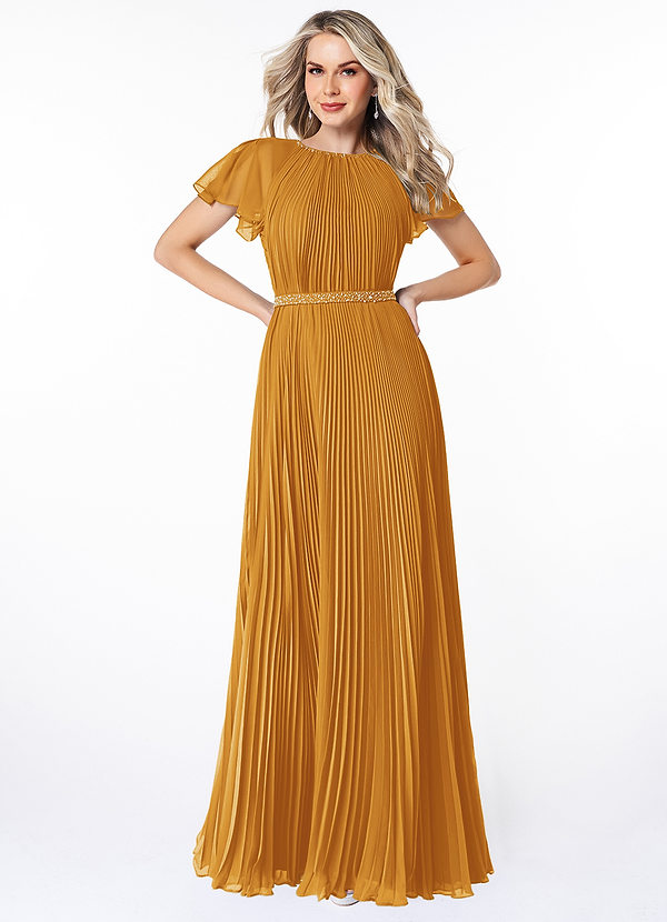 Azazie Kara Modest Bridesmaid Dresses A-Line Pleated Chiffon Floor-Length Dress image1
