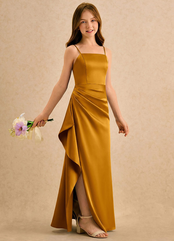 Azazie Cannoli Girls Formal Sukienki dla dziewczynek sypiących kwiaty Linia A Pofałdowany Satyna elastyczna Długość podłogi Sukienka image1
