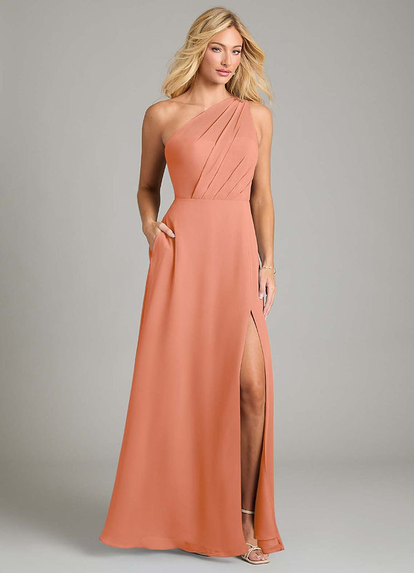 Azazie Phaedra Bridesmaid Dresses Sunset A-Line One Shoulder Chiffon Dress image1