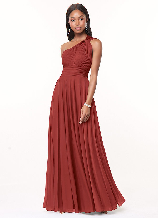 Azazie Charlize Robes Demoiselle d'honneur Robe Trapèze en Maille Ue épaule Rouille image1