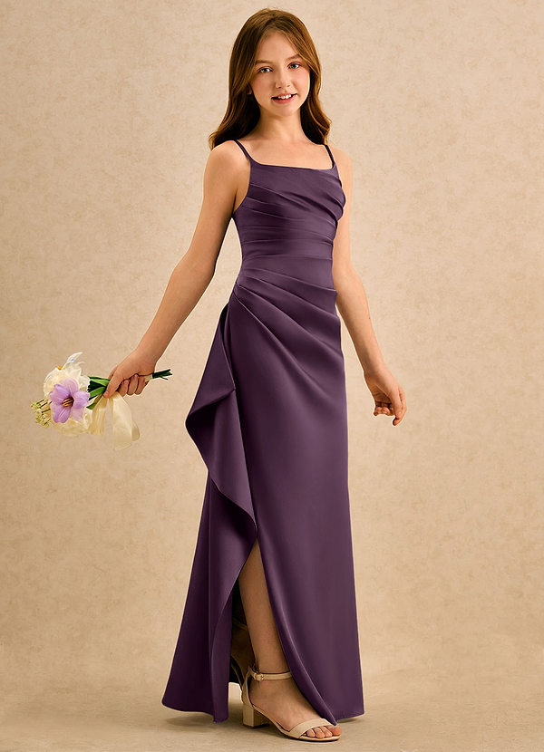 Azazie Cannoli Girls Formal Abiti da Ragazza di Fiori Abito A-Line in Raso Elasticizzato Plissettato Prugna image1