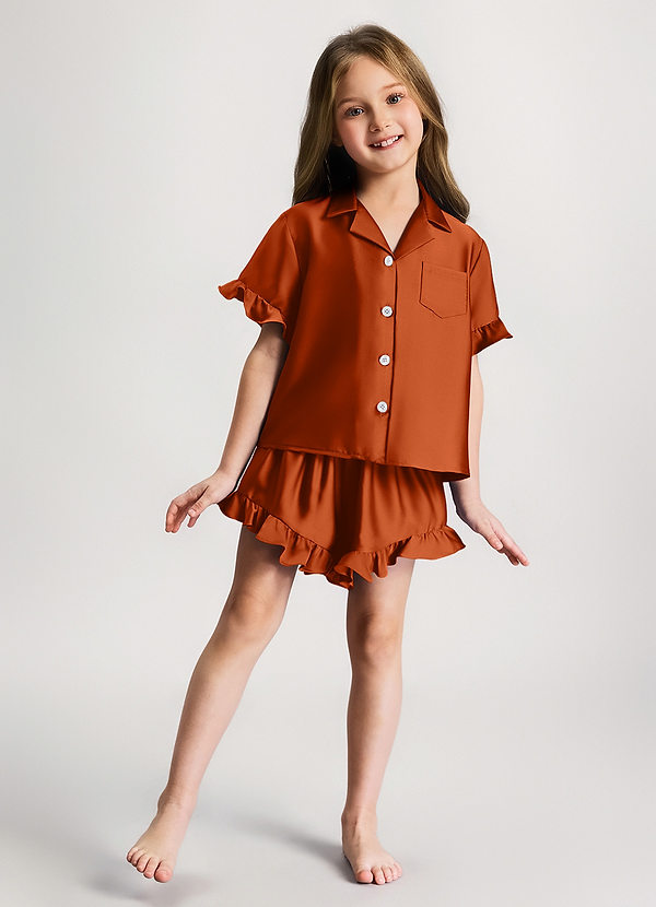 front Burnt Orange Girls Ruffled Short Sleeve Pajama Set