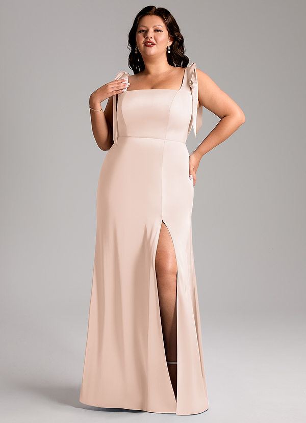 Azazie Frostine Bridesmaid Dresses Blushing Pink A-Line Bow Stretch Satin Dress image1