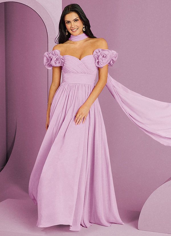 Barbie ♥ Azazie Suknie dla druhen Rozkloszowana sukienka z odkrytymi ramionami, falbaną i rozetkami image1